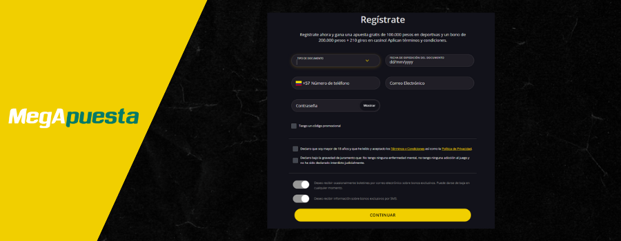 Registro en MegApuesta casino Colombia